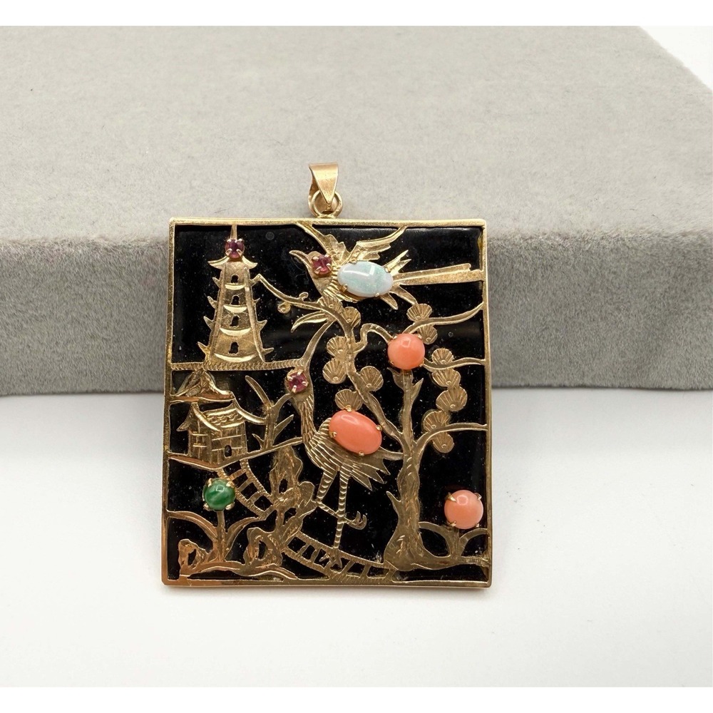 14k Gold Crane, Bird & Pagoda On Black Onyx Pendant With Opal , Coral & Ruby